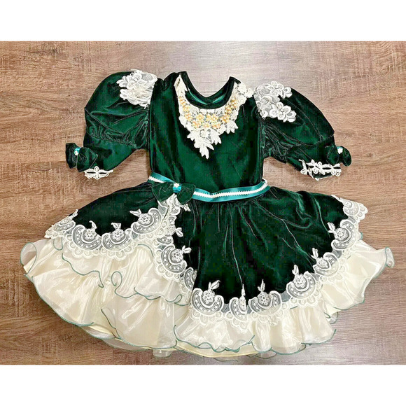 Vintage Pageant Girls Toddler Full Circle Ruffle Lace Embellished Green Velour D